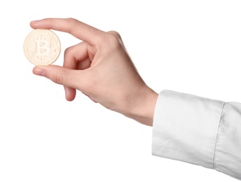 Photo of Person holding bitcoin isolated on white, closeup
