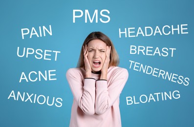 Hormones imbalance. Stressed young woman and different words on light blue background