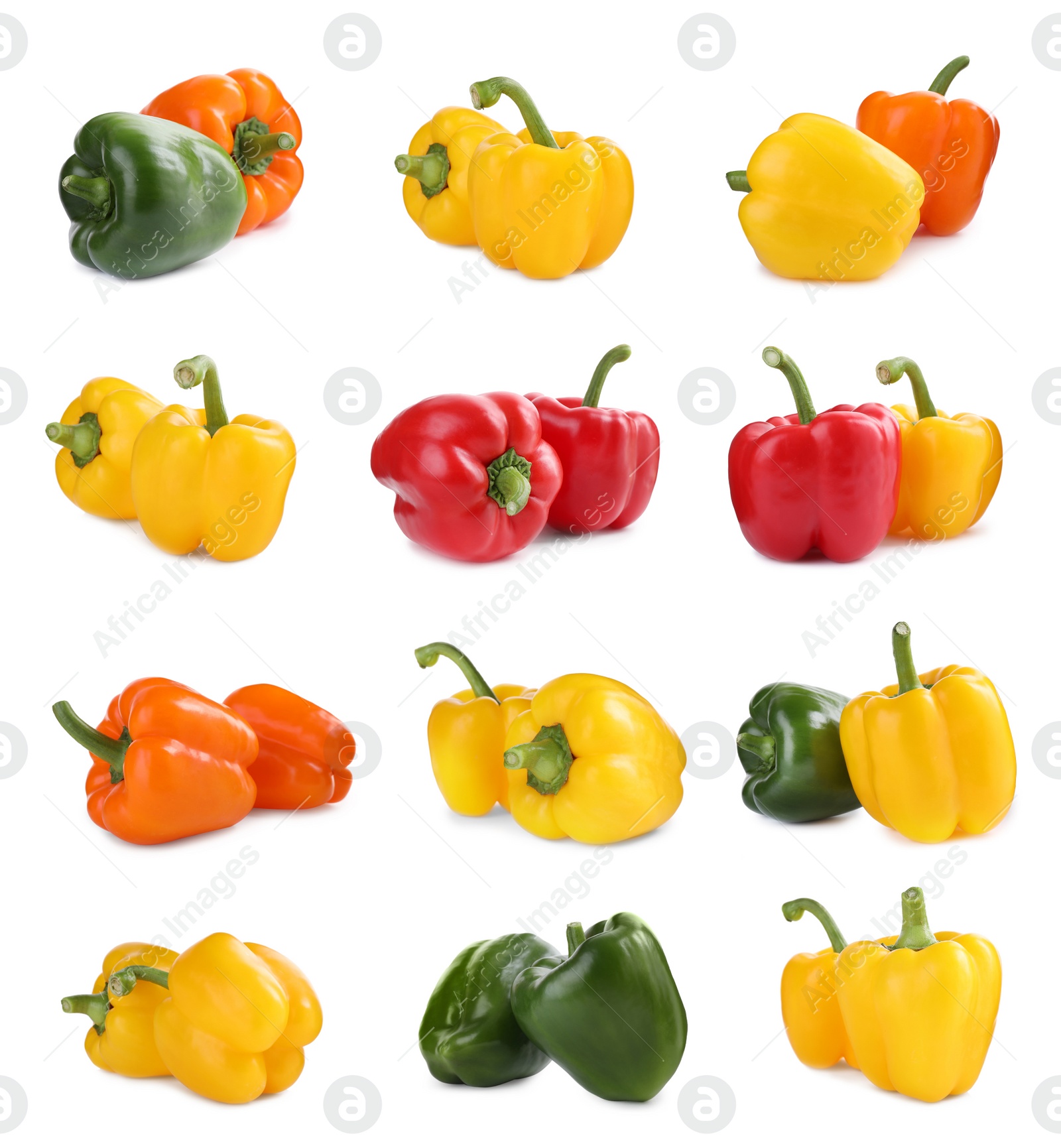 Image of Set of different ripe bell peppers on white background