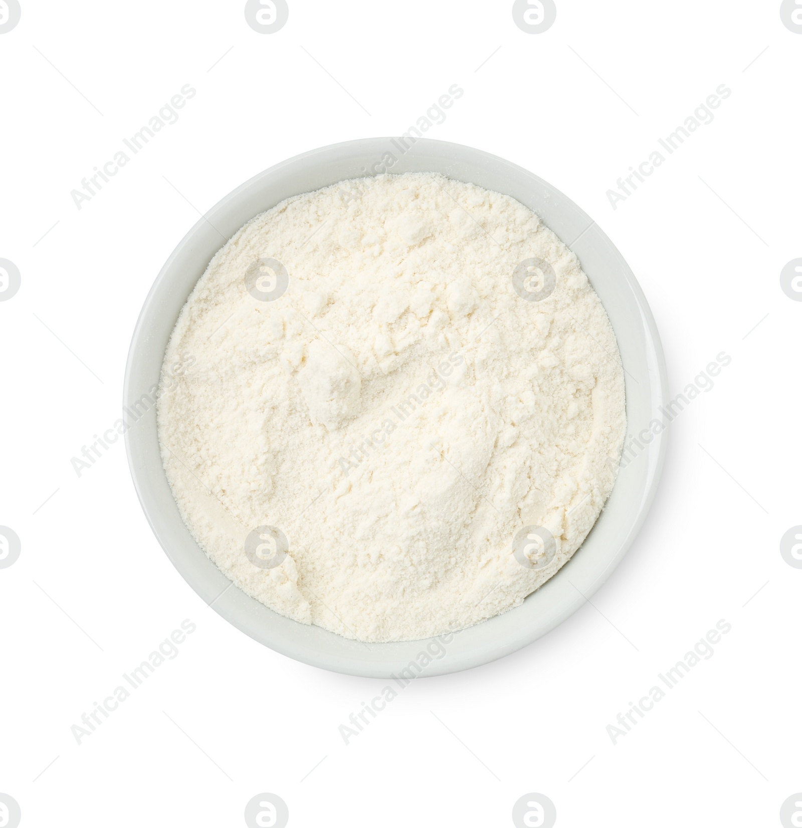 Photo of Baking powder in bowl isolated on white, top view