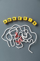 Photo of Word Amnesia and brain made of wires on grey background, flat lay