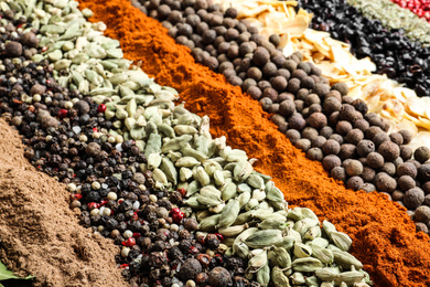 Set of different spices as background, closeup