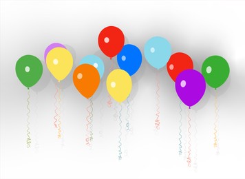 Different bright balloons on white background