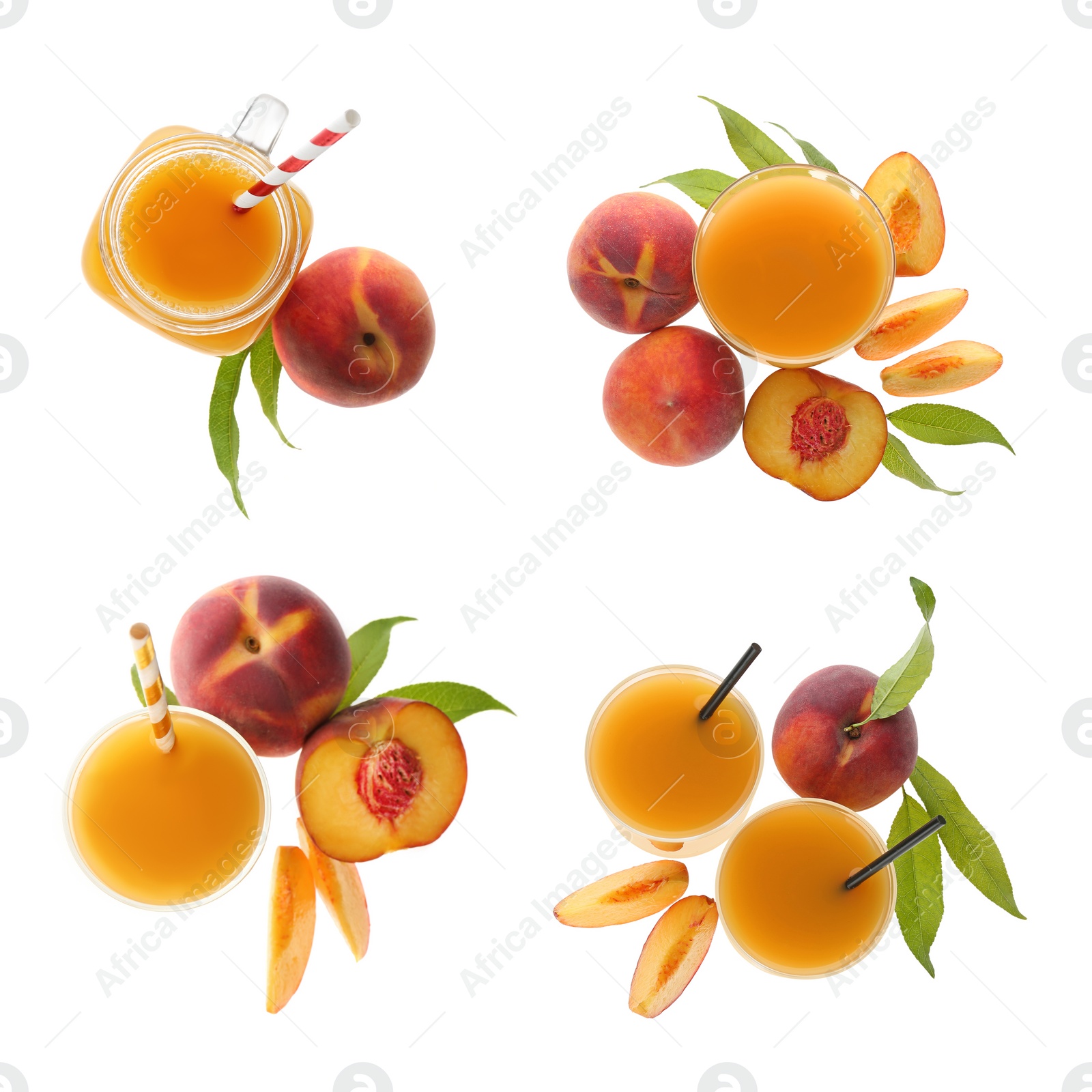 Image of Set of peach juice in glassware and fresh fruits isolated on white, top view