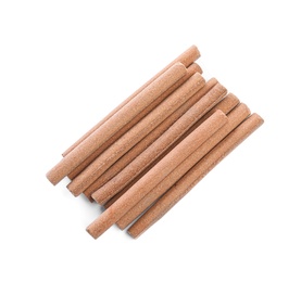 Photo of Many aromatic incense sticks on white background