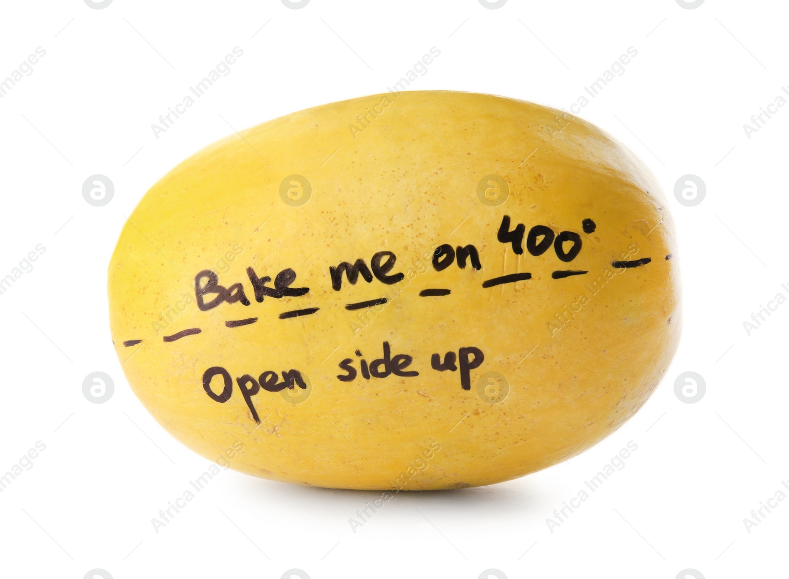 Photo of Ripe spaghetti squash with cooking instructions on white background