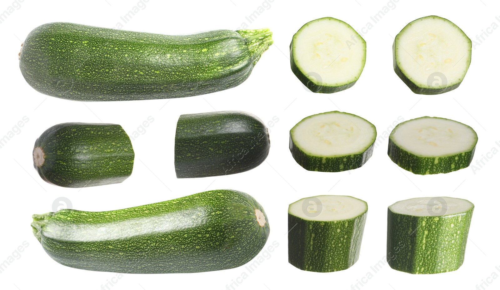 Image of Set of fresh ripe zucchinis on white background