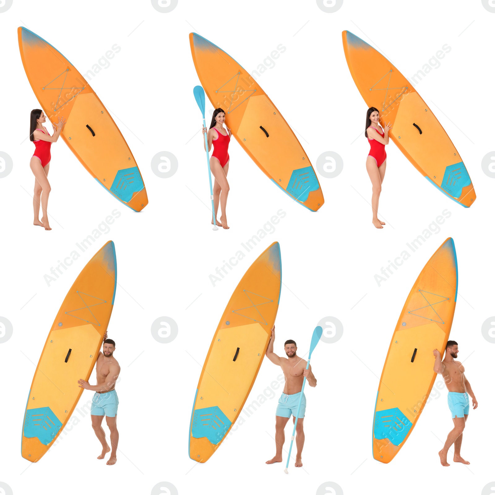 Image of Photos of young man and woman with sup board isolated on white, collage