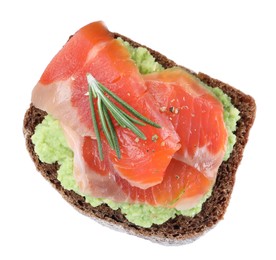 Delicious sandwich with salmon, avocado and rosemary isolated on white, top view