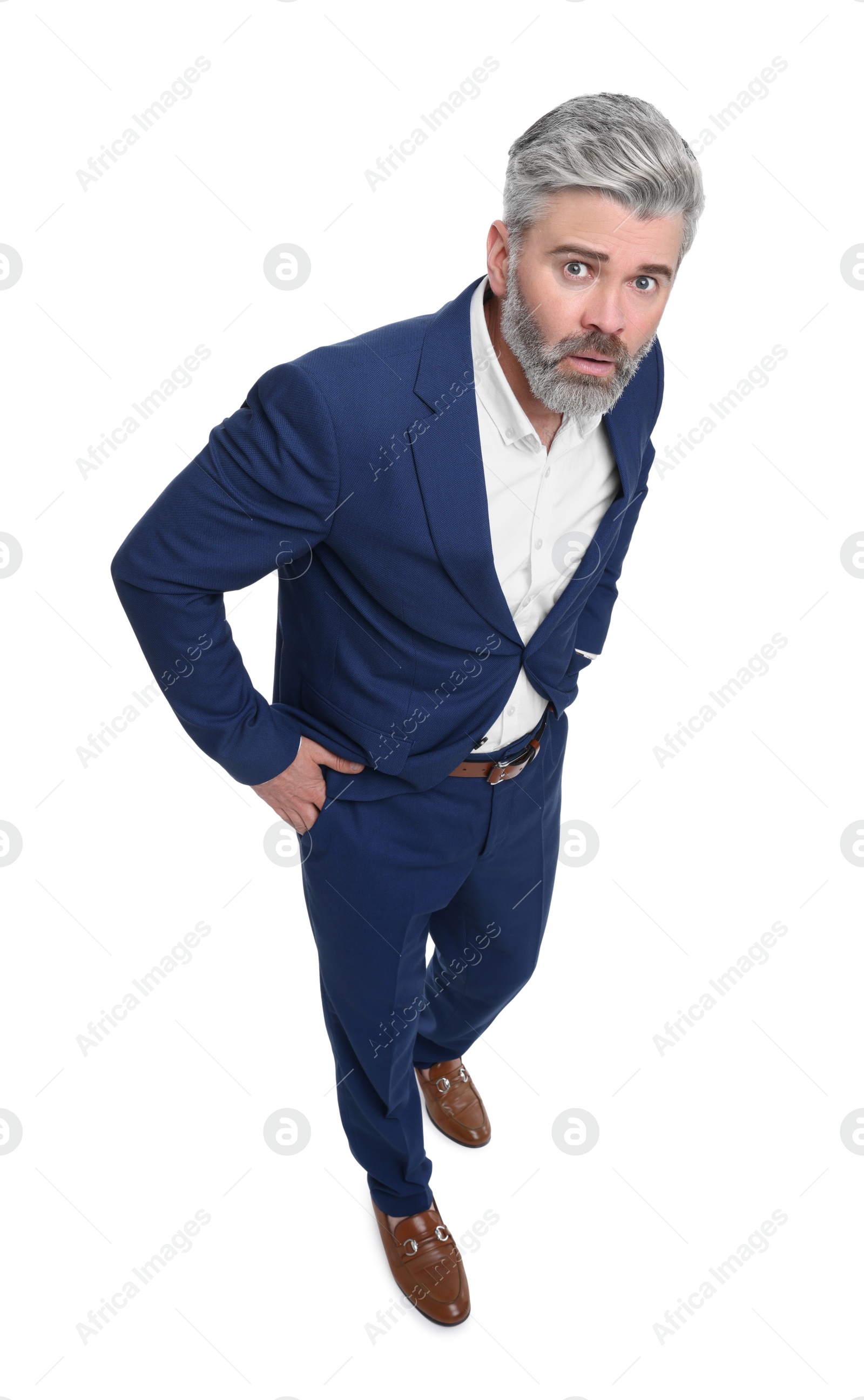 Photo of Mature businessman in stylish clothes posing on white background, above view