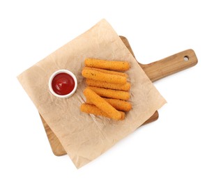 Photo of Tasty cheese sticks with ketchup isolated on white, top view