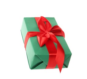 Photo of Green gift box with red bow isolated on white