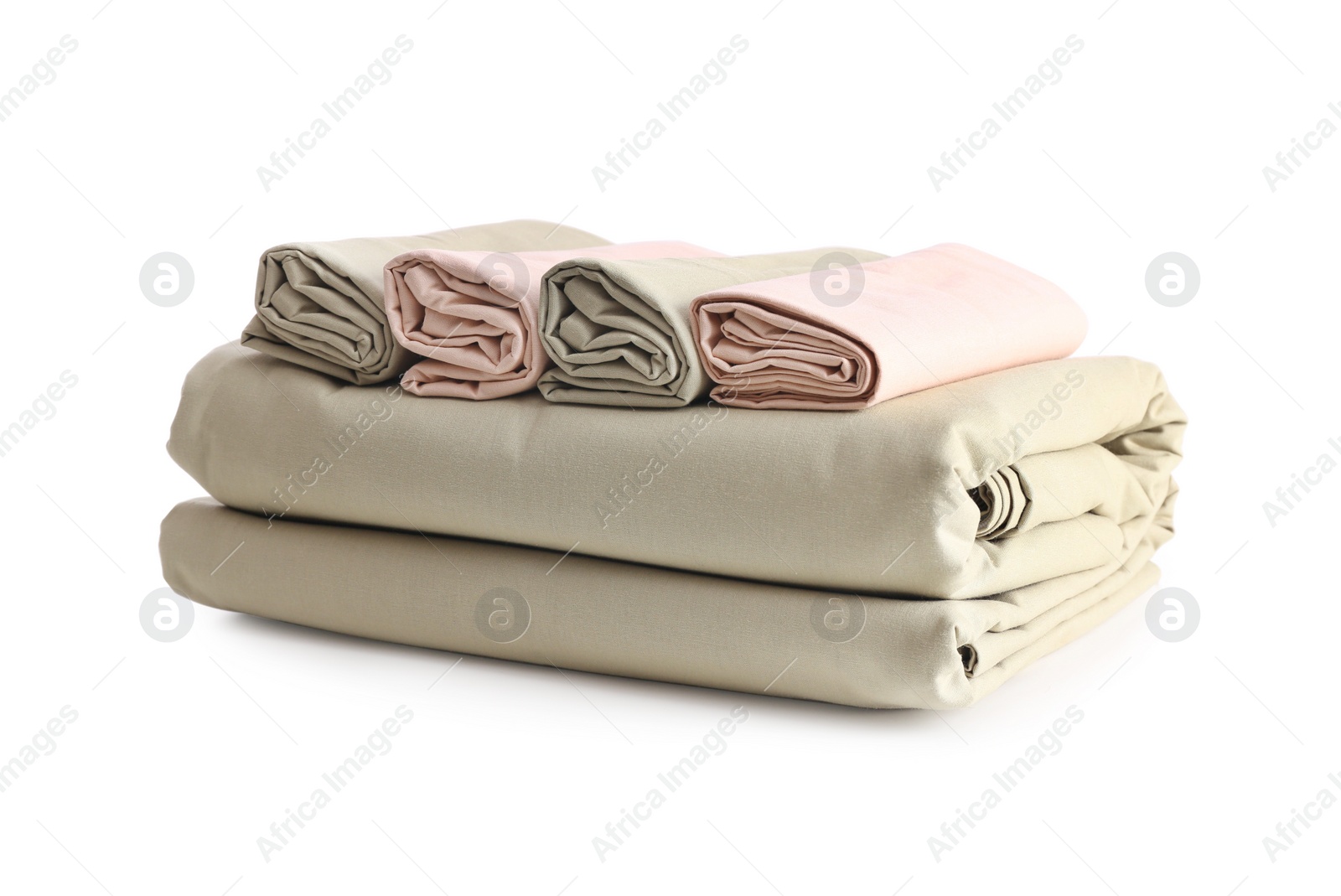 Photo of Stack of clean bed sheets isolated on white
