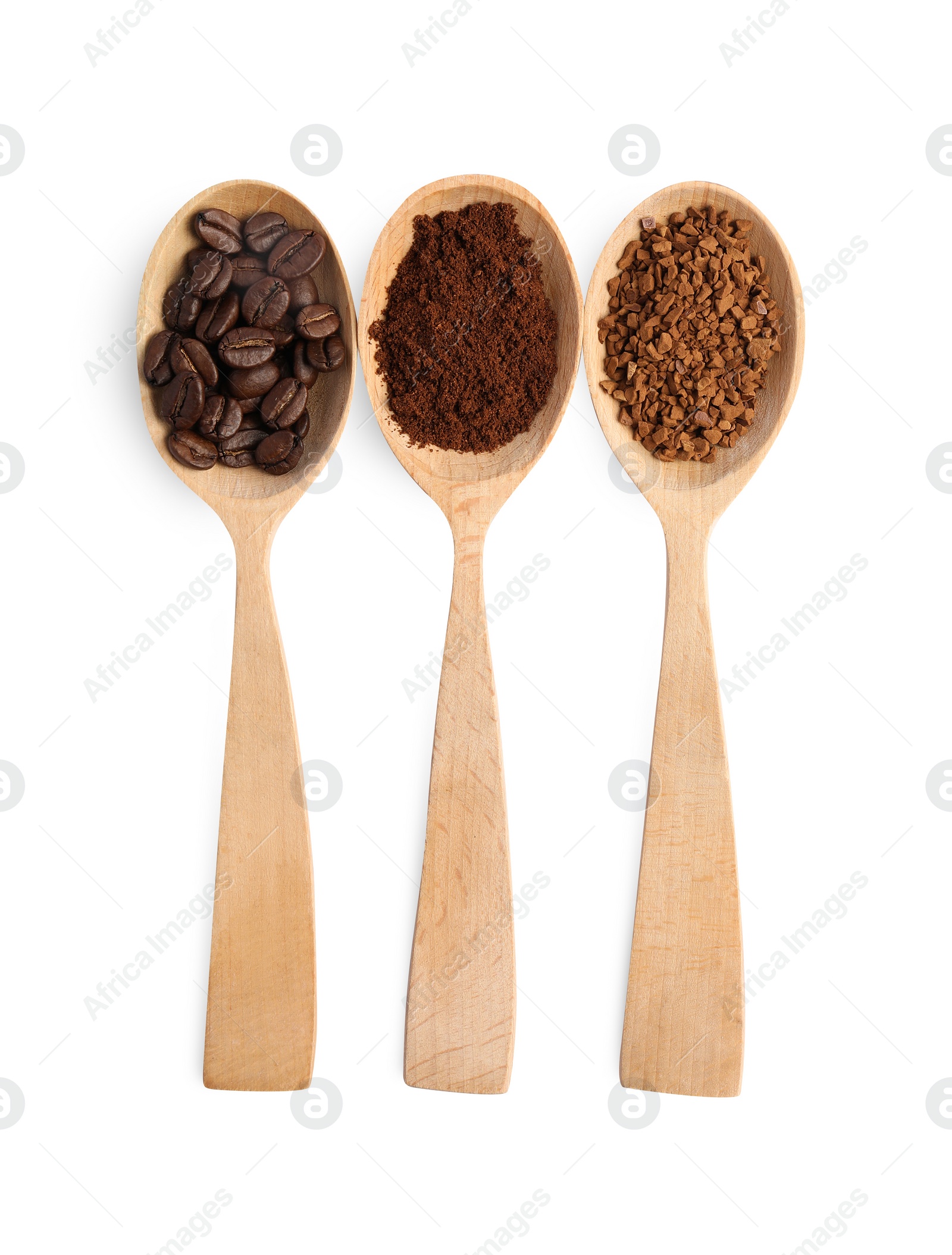 Photo of Wooden spoons of beans, instant and ground coffee on white background, top view