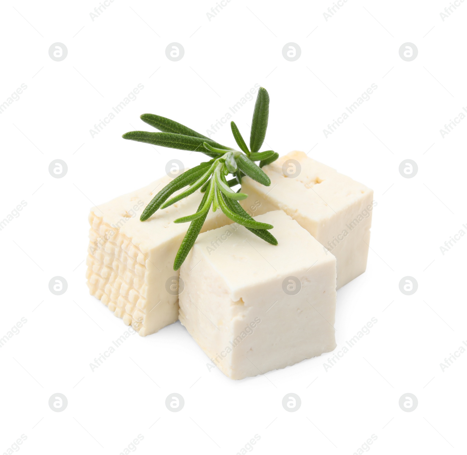 Photo of Delicious tofu cheese and rosemary isolated on white