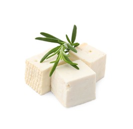 Photo of Delicious tofu cheese and rosemary isolated on white