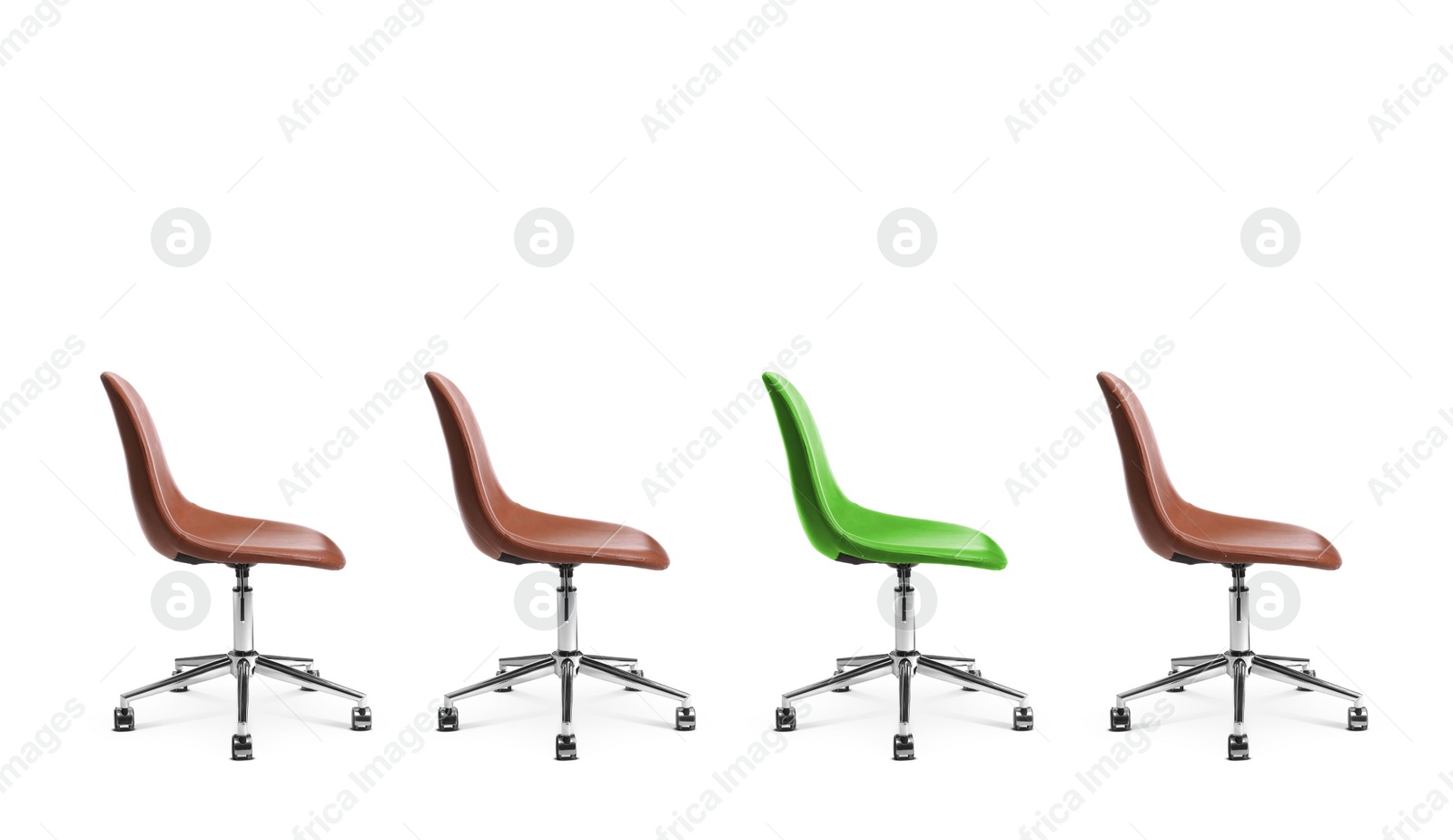 Image of Vacant position. Green office chair among brown ones on white background, banner design