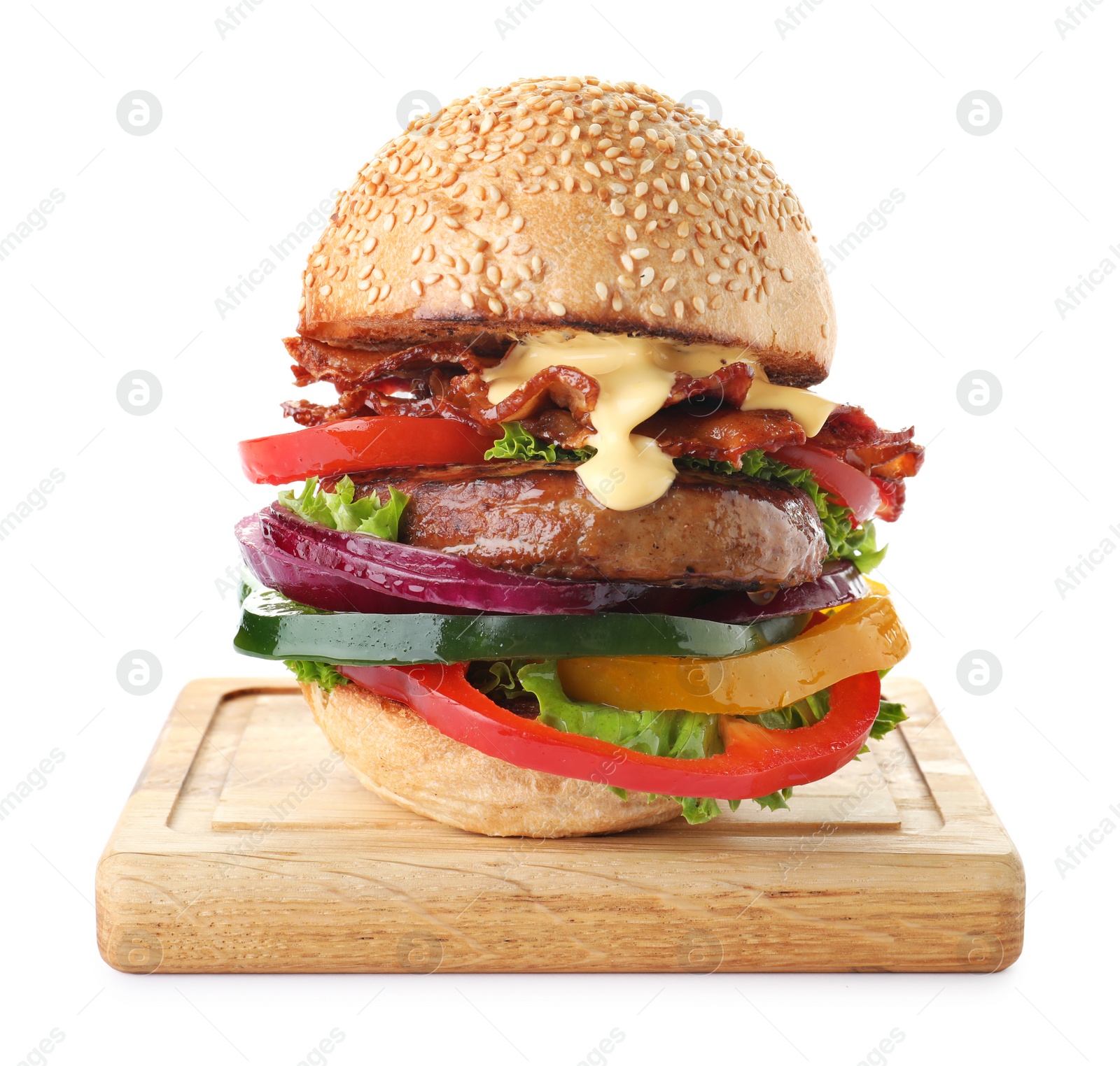 Image of Tasty burger with bacon on white background