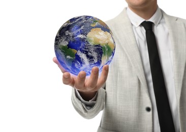 World in our hands. Man holding digital model of Earth on white background, closeup view 