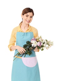 Photo of Female florist holding roses on white background