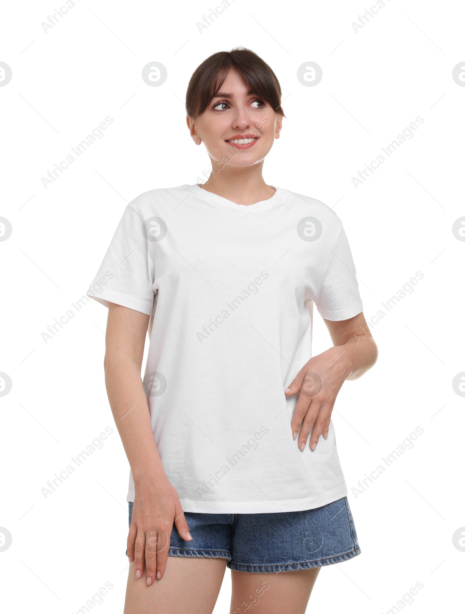 Photo of Smiling woman in stylish t-shirt on white background