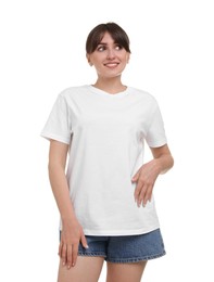 Smiling woman in stylish t-shirt on white background