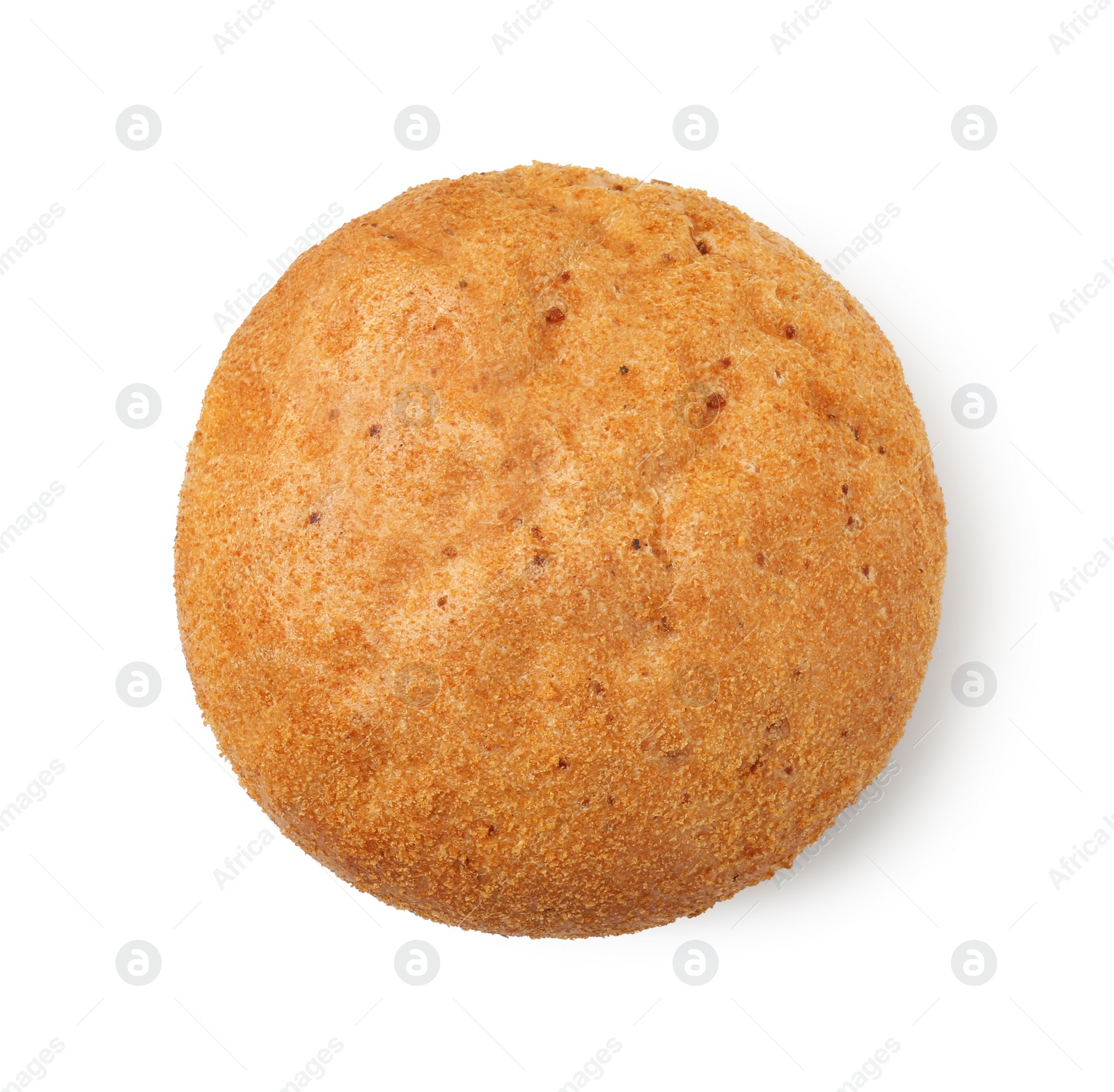 Photo of One fresh hamburger bun isolated on white, top view