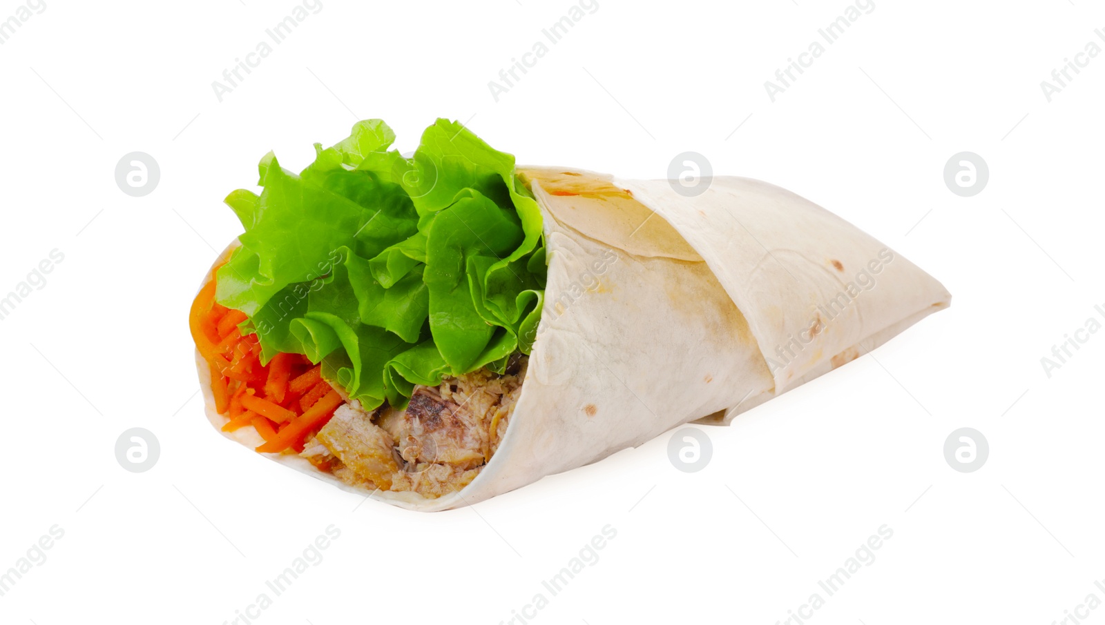 Photo of Delicious tortilla wrap with tuna isolated on white