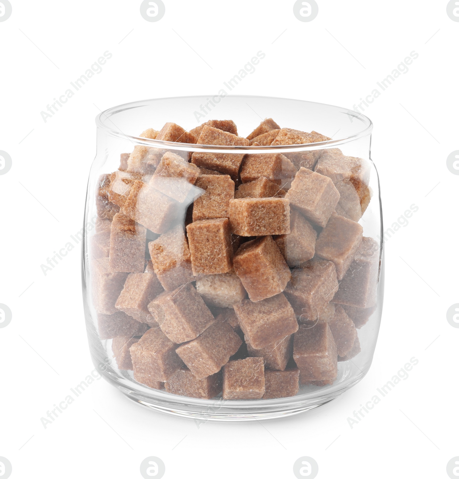 Photo of Glass jar with brown sugar cubes isolated on white