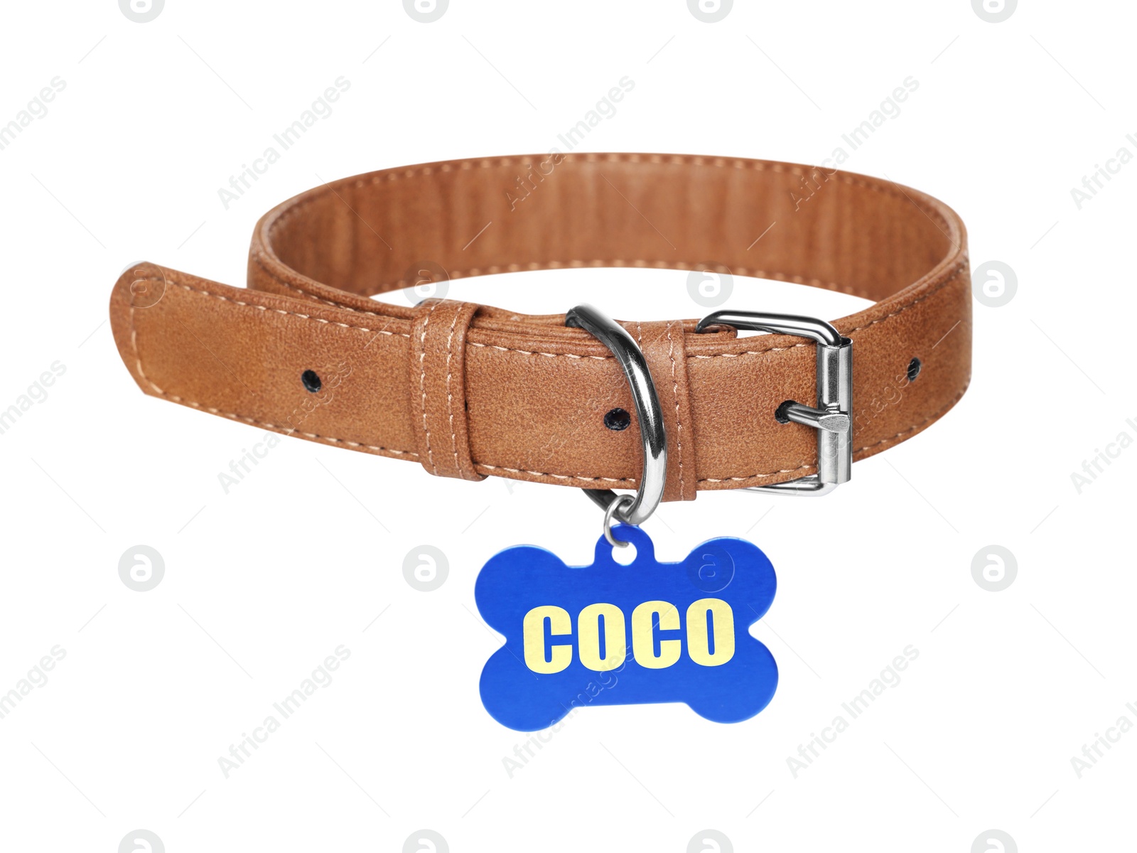 Image of Brown leather dog collar with bone shaped tag isolated on white