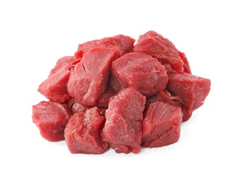 Photo of Pieces of raw beef meat isolated on white