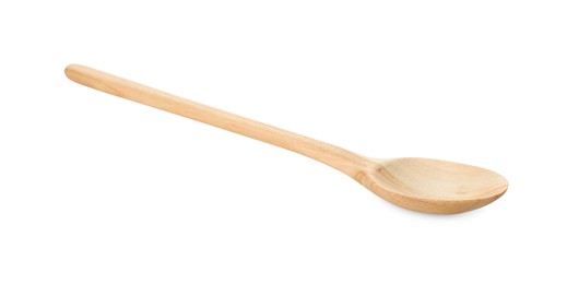 Photo of One empty wooden spoon isolated on white