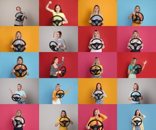 Emotional people with steering wheels on different color backgrounds, collage 