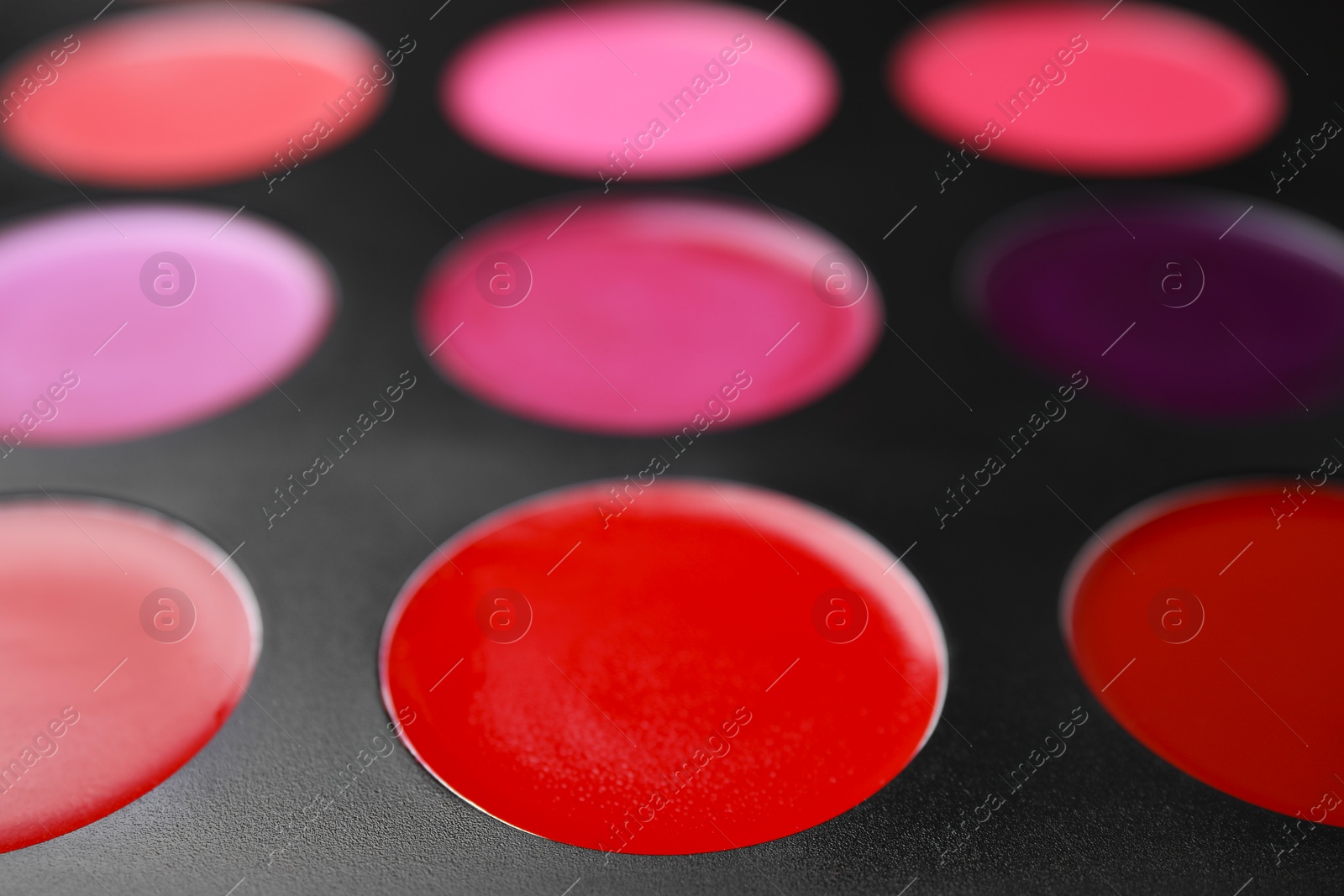 Photo of Cream lipstick palette as background, closeup. Professional cosmetic product