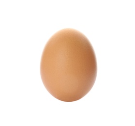 Photo of Raw brown chicken egg on white background