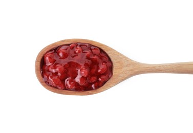 Spoon with fresh cranberry sauce isolated on white, top view