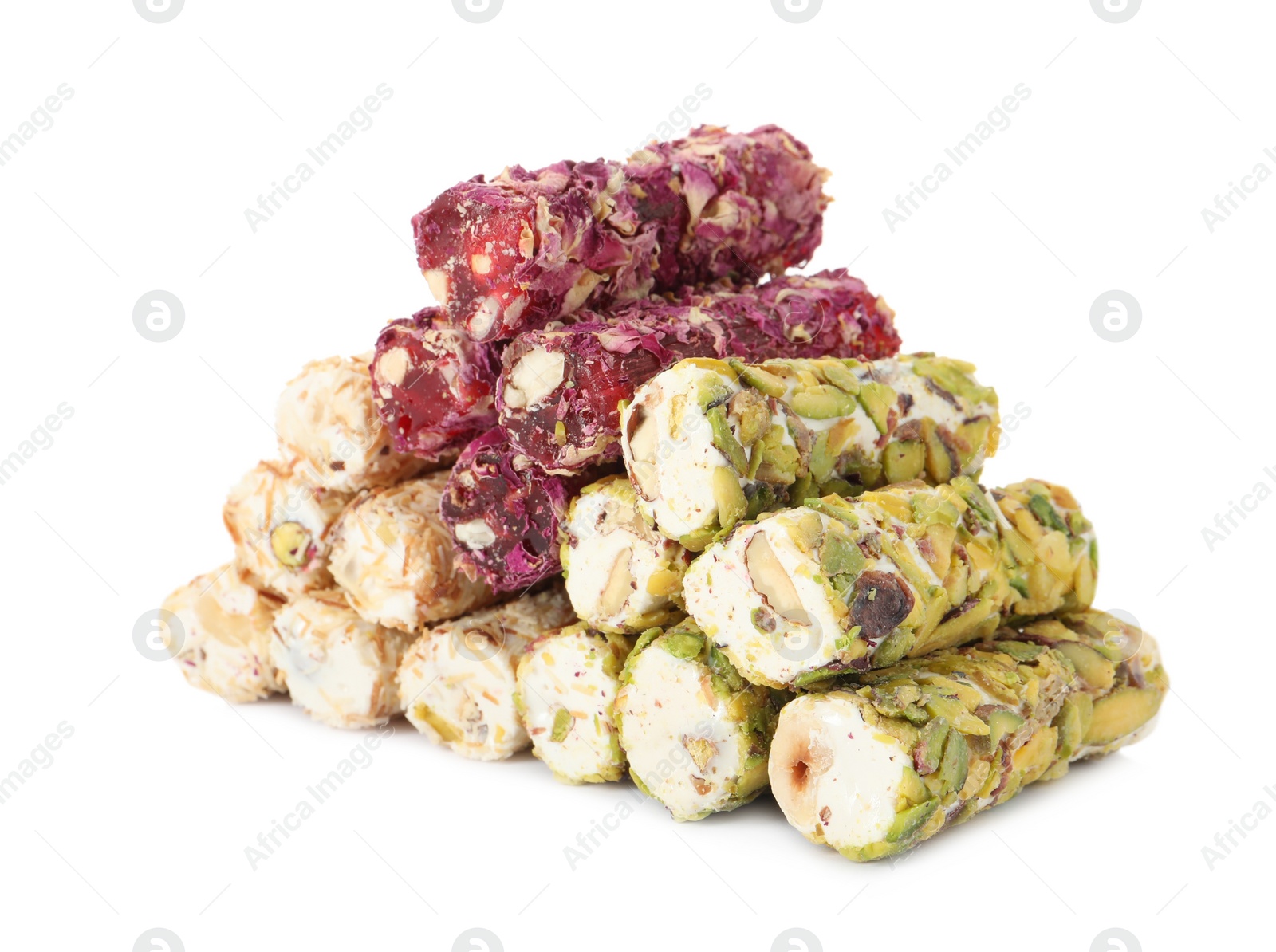 Photo of Tasty turkish delight dessert on white background