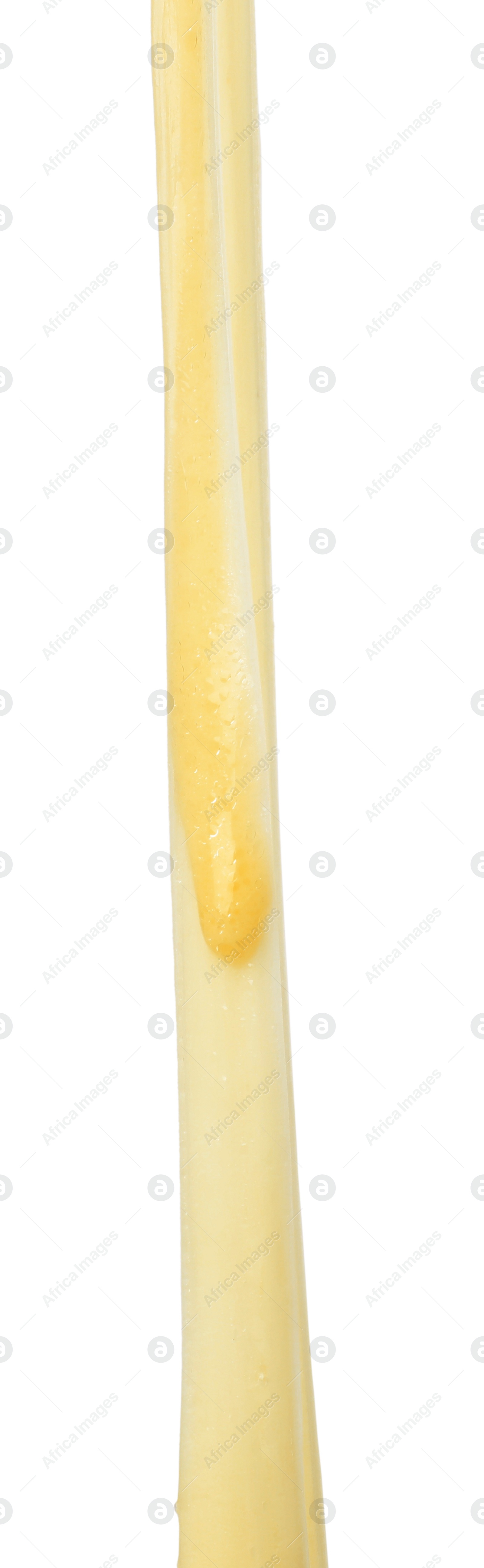 Photo of Stretching delicious melted cheese isolated on white