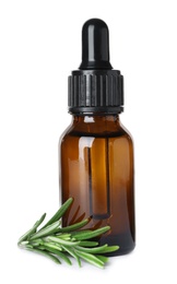 Photo of Little bottle of essential oil and rosemary on white background