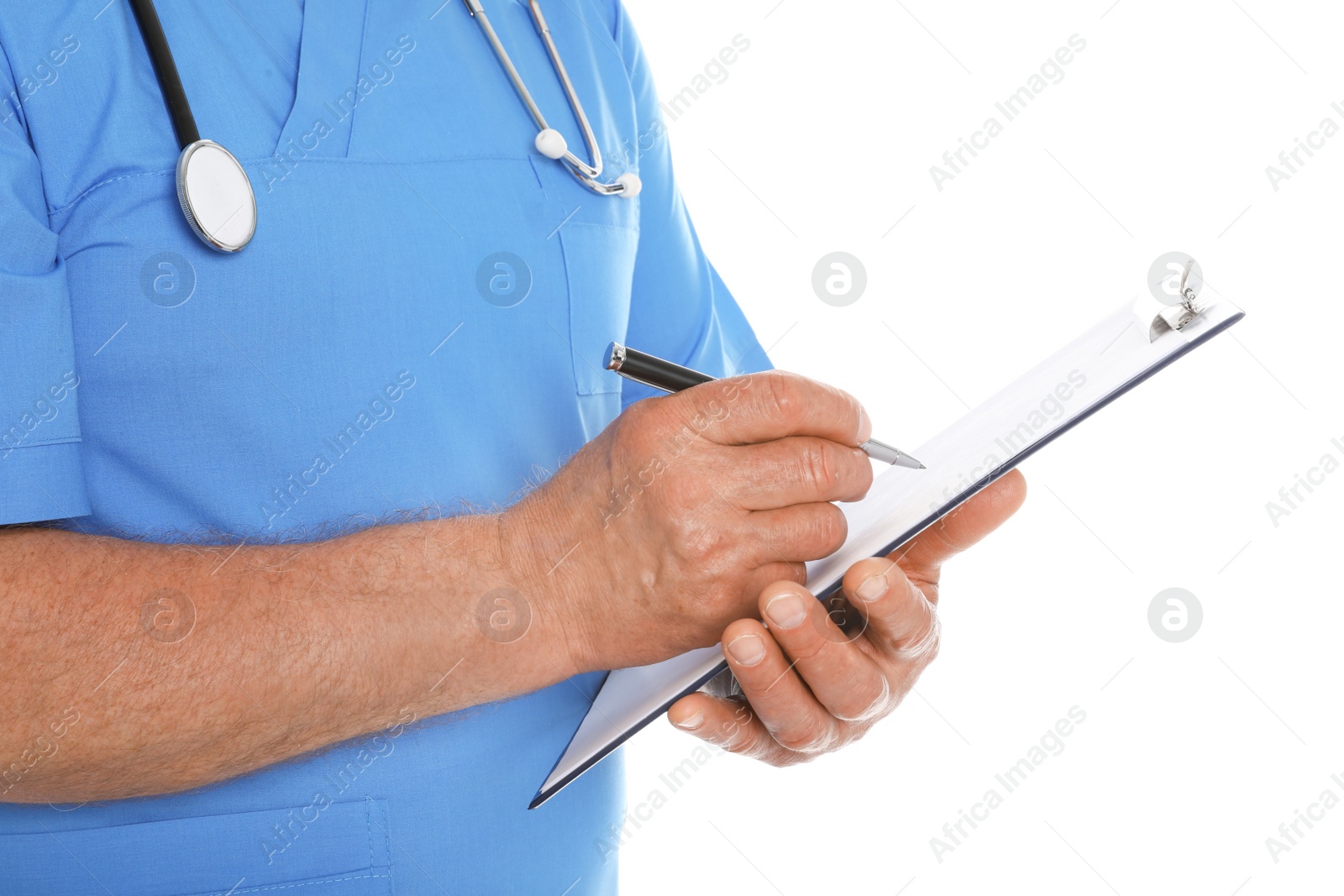 Photo of Male doctor in scrubs with stethoscope and clipboard isolated on white, closeup. Medical staff