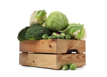 Photo of Wooden crate with different types of fresh cabbage on white background