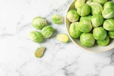 Bowl with fresh Brussels sprouts on marble table, top view. Space for text