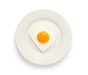 Photo of Plate with tasty fried egg in shape of heart and toast isolated on white, top view