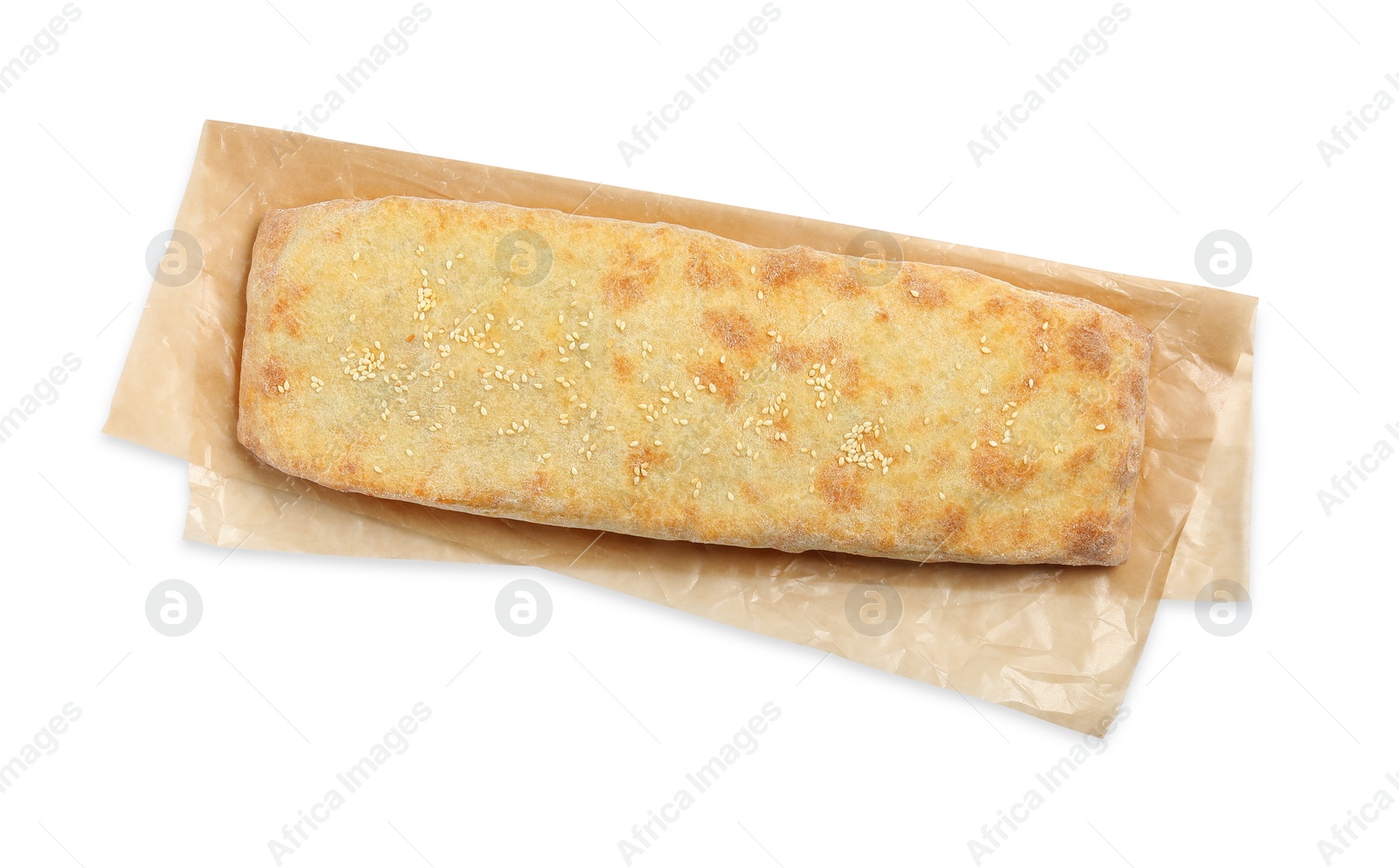 Photo of Delicious strudel with tasty filling isolated on white, top view