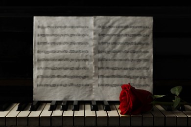 Beautiful red rose and musical notes on piano, space for text