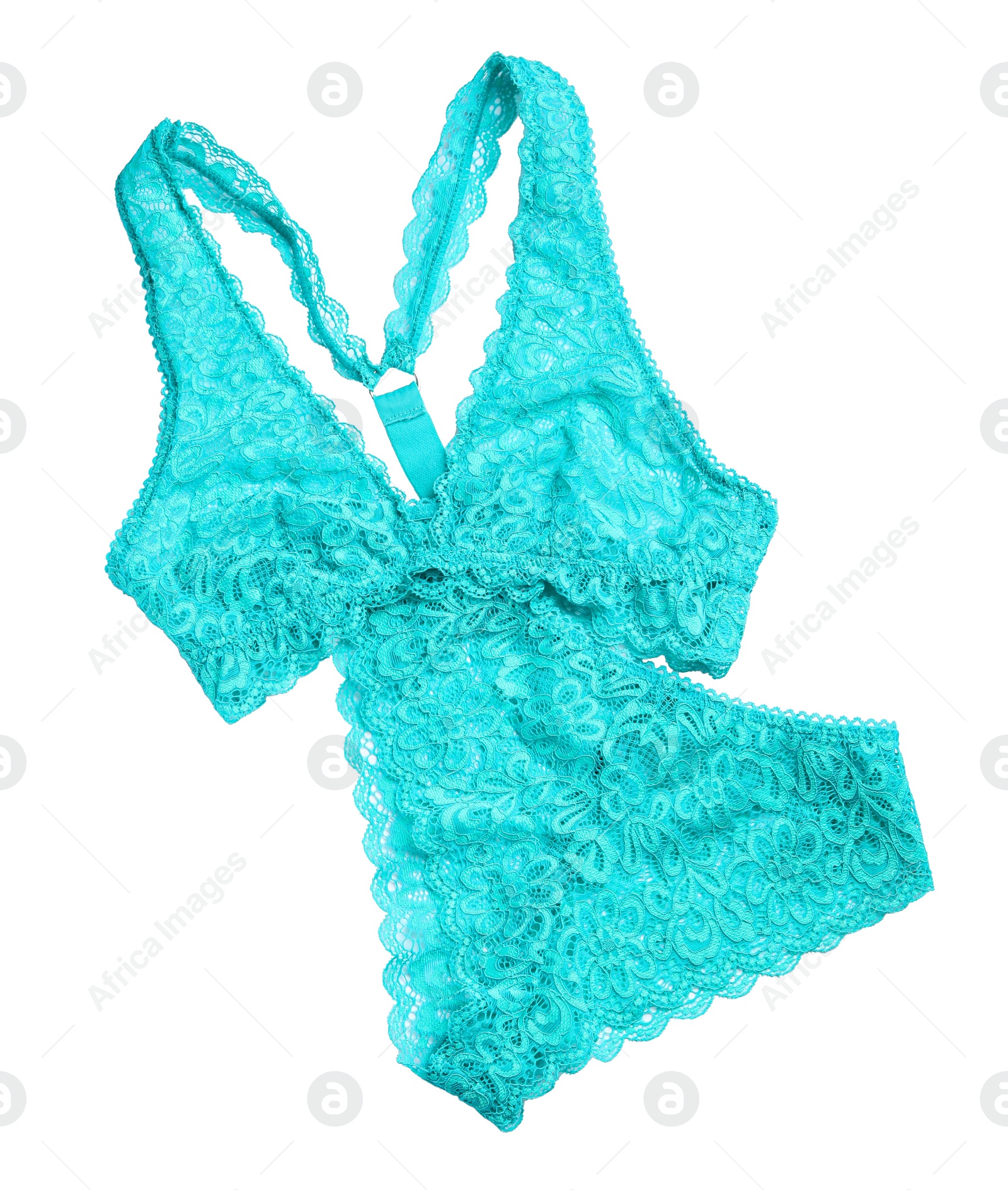 Photo of Elegant turquoise women's underwear isolated on white, top view