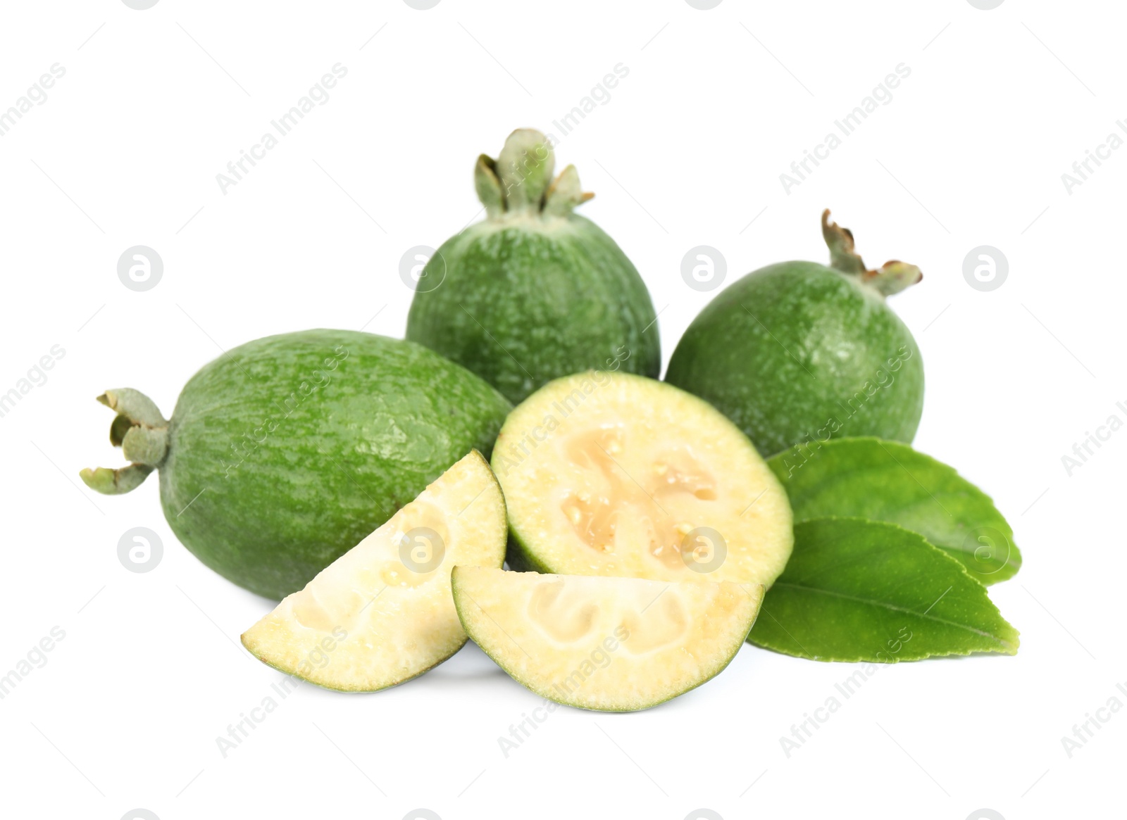 Photo of Pile of feijoas and leaves on white background