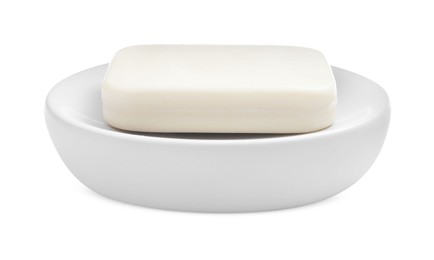 Photo of Holder with soap bar on white background