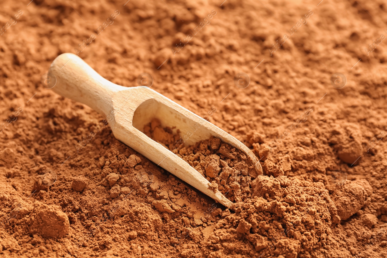 Photo of Wooden scoop on cocoa powder, closeup