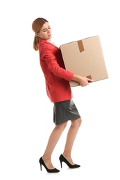 Photo of Full length portrait of woman carrying carton box on white background. Posture concept